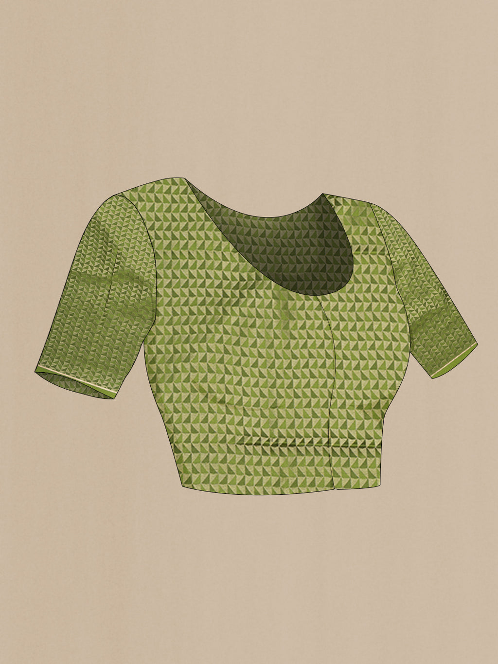 Close up image of the blouse of Mehandi Green Georgette Saree with Zari Brocade on the body and Zari Border. 