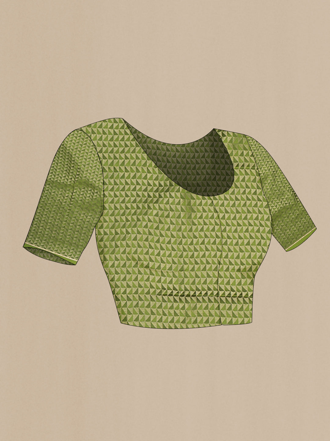 Close up image of the blouse of Mehandi Green Georgette Saree with Zari Brocade on the body and Zari Border. 