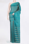 Pure Silk Peacock Blue Dual Tone Banarasi Georgette Saree with Zari Brocade on the body and Zari Border.  displayed on a mannequin