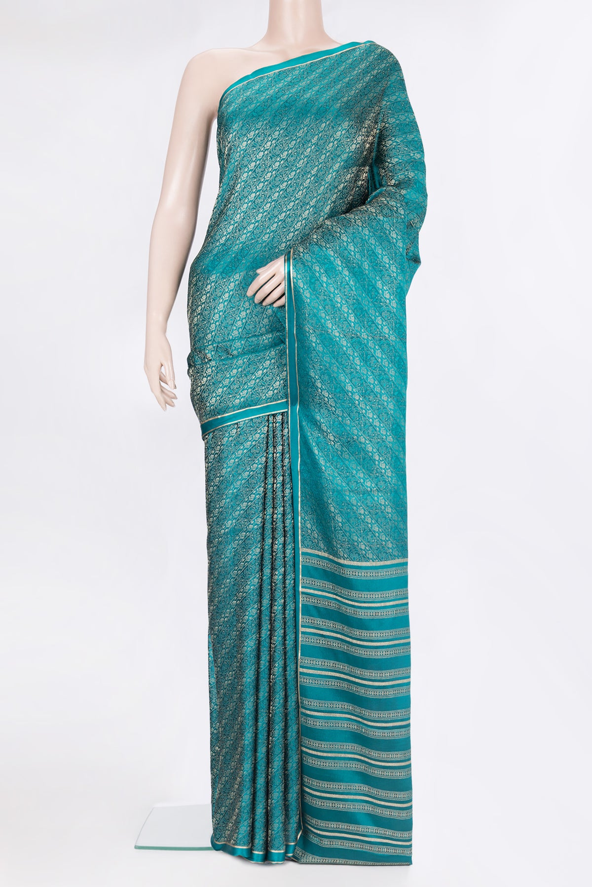 Pure Silk Peacock Blue Dual Tone Banarasi Georgette Saree with Zari Brocade on the body and Zari Border.  displayed on a mannequin