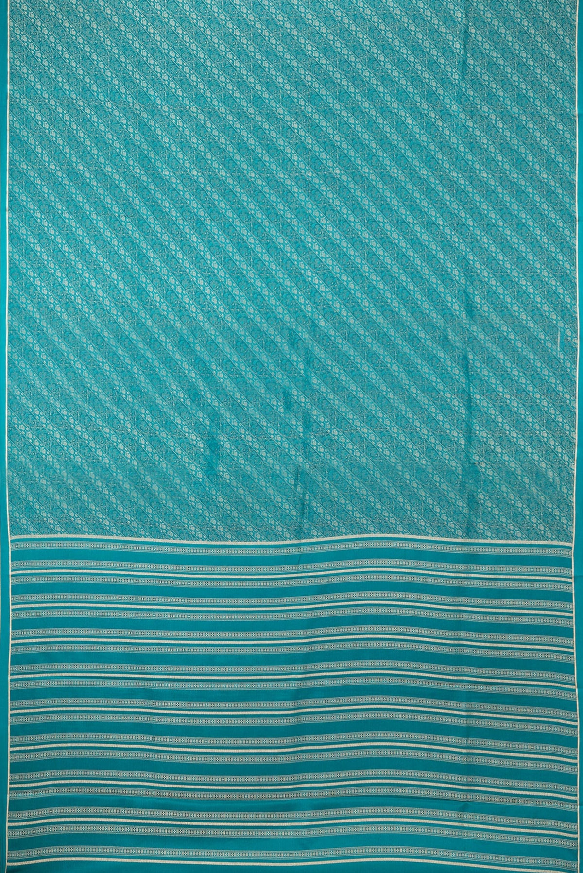 Flat view of Pure Silk Peacock Blue Dual Tone Banarasi Georgette Saree with Zari Brocade on the body and Zari Border. 