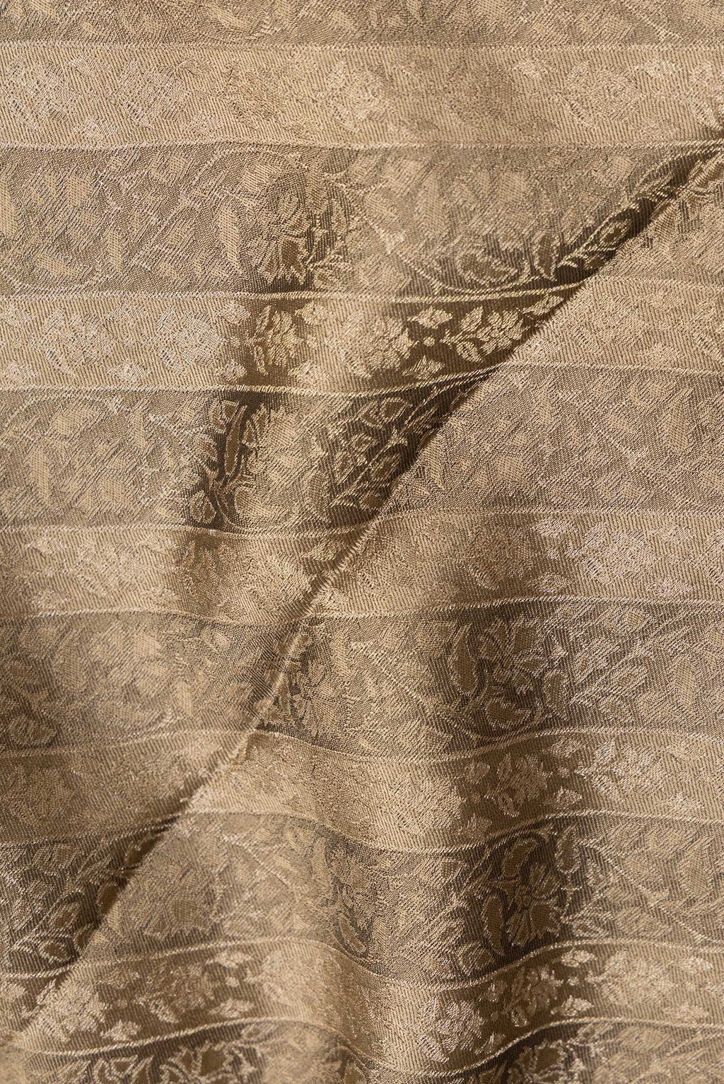 Close up of Brown Dual Tone Banarasi Georgette Saree with Zari Brocade on the body and Zari Border.  displaying folds