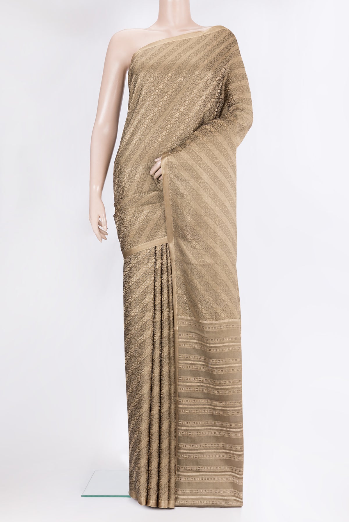 Brown Dual Tone Banarasi Georgette Saree with Zari Brocade on the body and Zari Border.  displayed on a mannequin