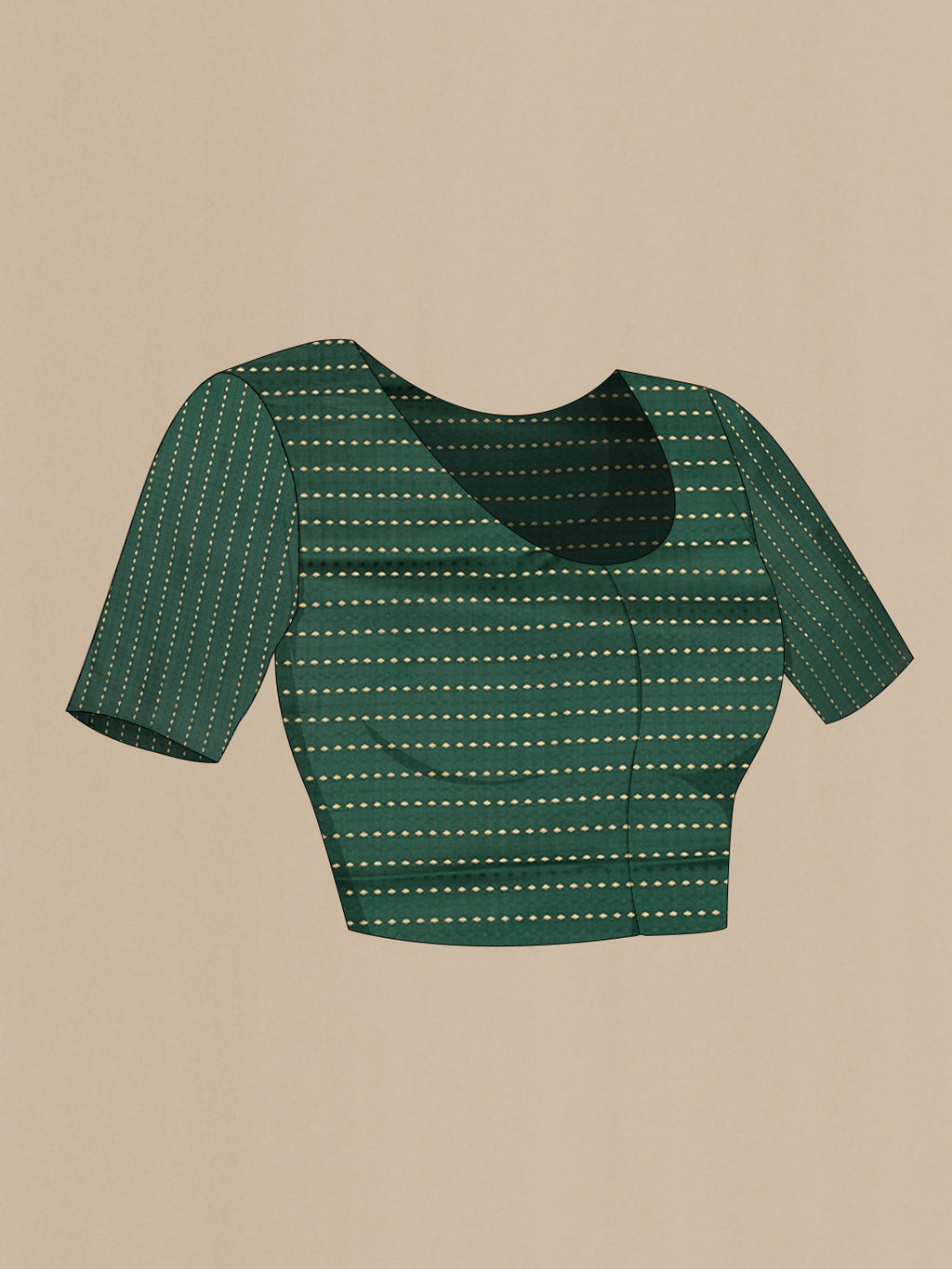 Close up image of the blouse of Pure Silk Bottle Green Dual Tone Banarasi Georgette Saree with Stripes on the body and Zari Border. 