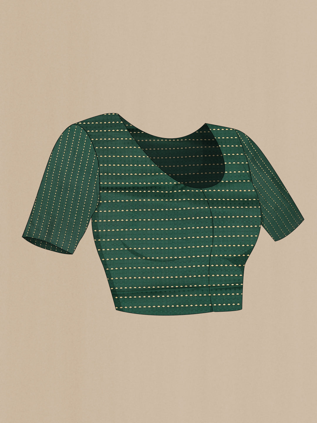 Close up image of the blouse of Pure Silk Bottle Green Dual Tone Banarasi Georgette Saree with Stripes on the body and Zari Border. 