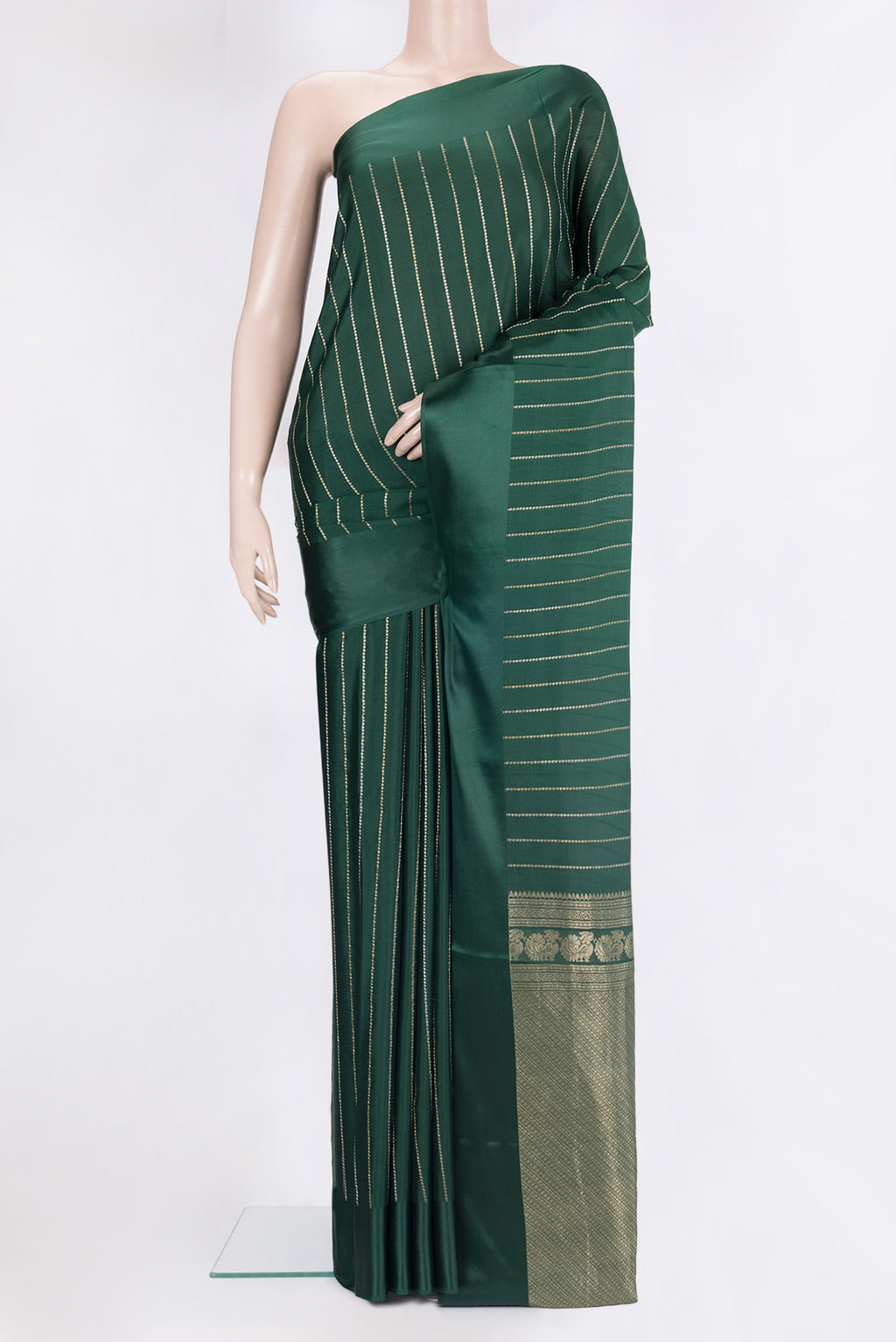 Pure Silk Bottle Green Dual Tone Banarasi Georgette Saree with Stripes on the body and Zari Border.  displayed on a mannequin