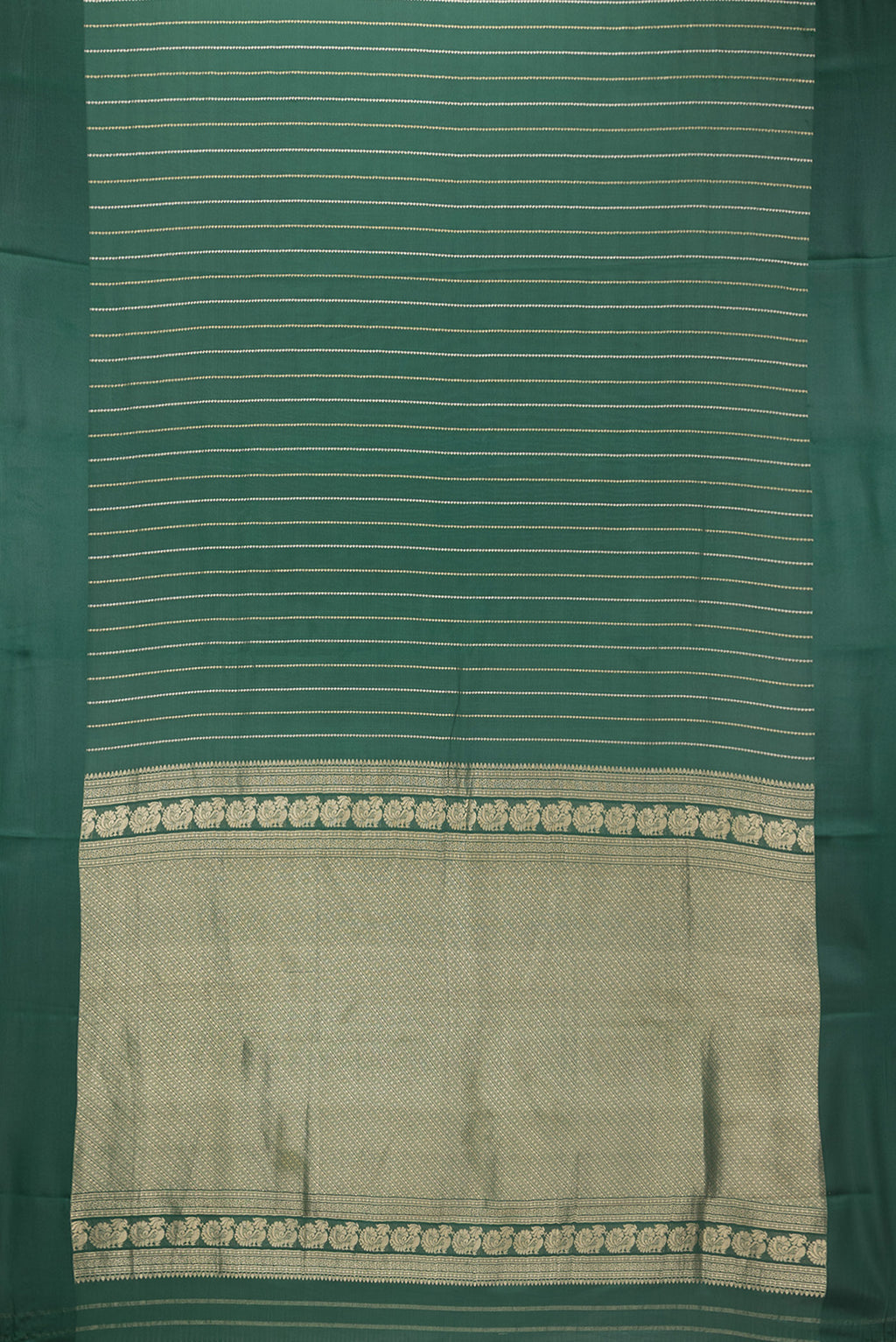 Flat view of Pure Silk Bottle Green Dual Tone Banarasi Georgette Saree with Stripes on the body and Zari Border. 