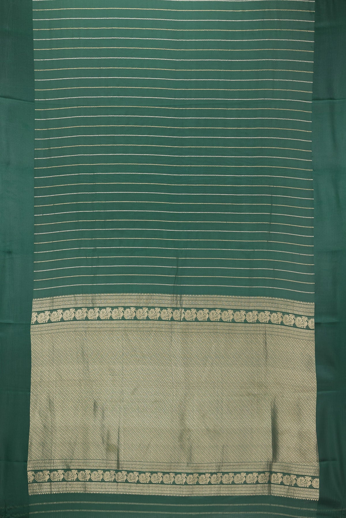 Flat view of Pure Silk Bottle Green Dual Tone Banarasi Georgette Saree with Stripes on the body and Zari Border. 