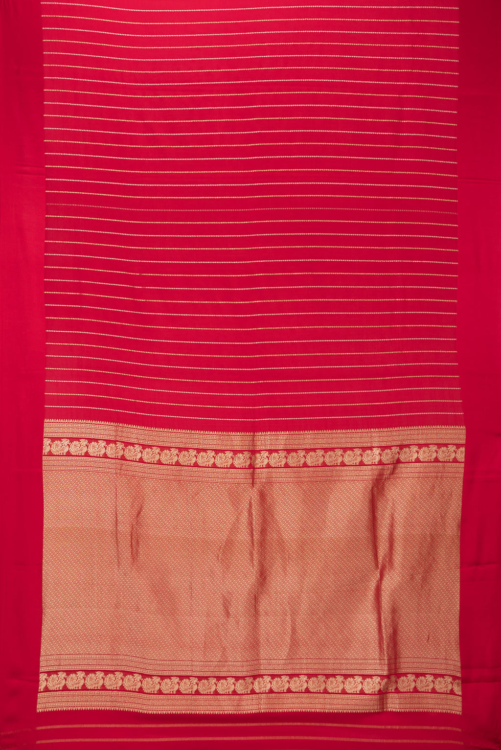 Flat view of Red Mysore Crepe Saree with Stripes on the body and Plain Border. 
