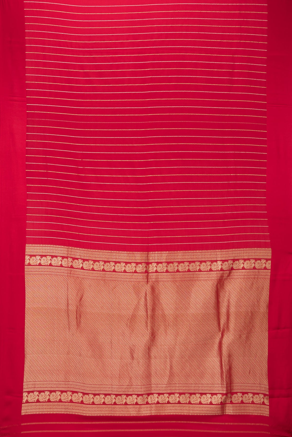 Flat view of Red Mysore Crepe Saree with Stripes on the body and Plain Border. 