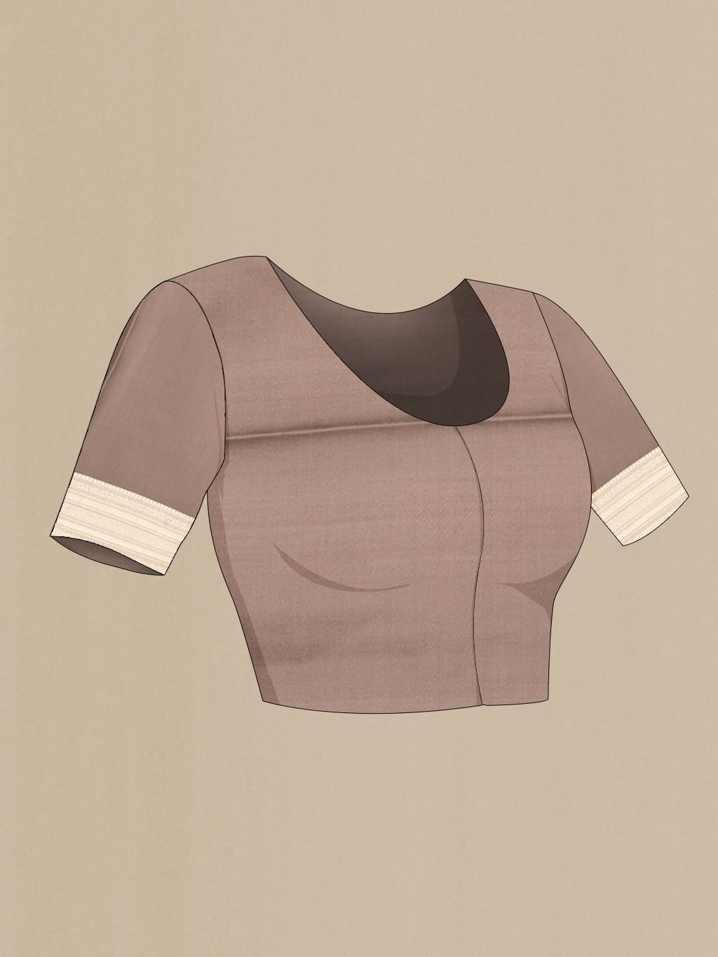 Close up image of the blouse of Dark Beige Mysore Crepe Saree with Stripes on the body and Zari Border. 