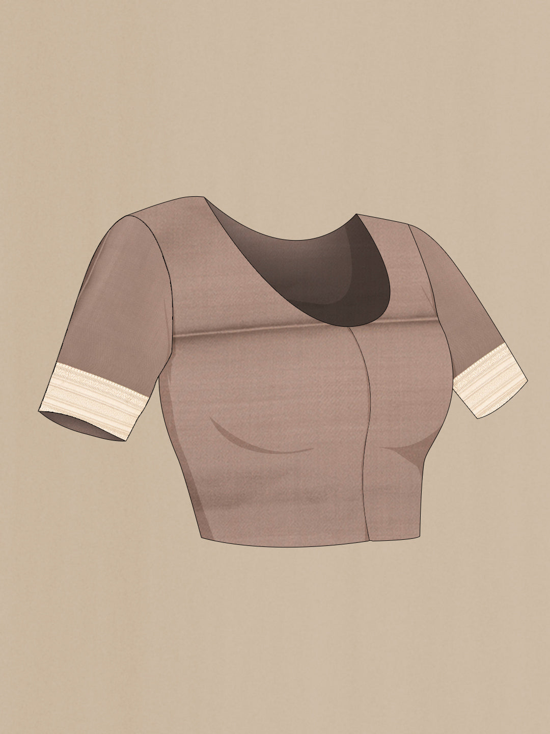 Close up image of the blouse of Dark Beige Mysore Crepe Saree with Stripes on the body and Zari Border. 