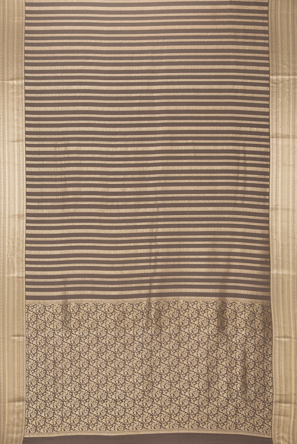 Flat view of Dark Beige Mysore Crepe Saree with Stripes on the body and Zari Border. 