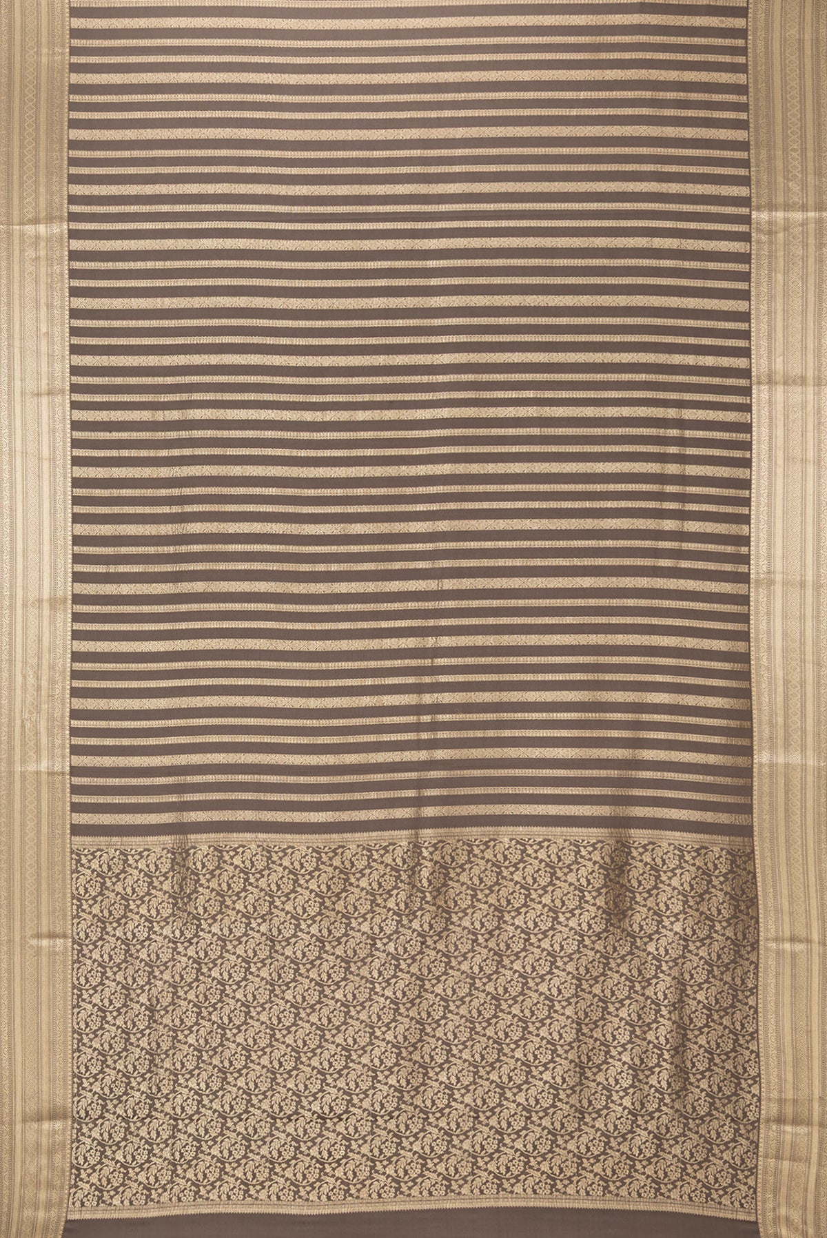 Flat view of Dark Beige Mysore Crepe Saree with Stripes on the body and Zari Border. 