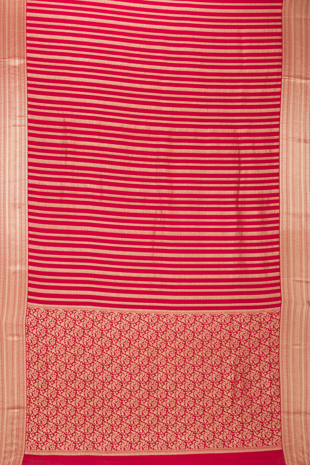 Flat view of Red Mysore Crepe Saree with Stripes on the body and Zari Border. 
