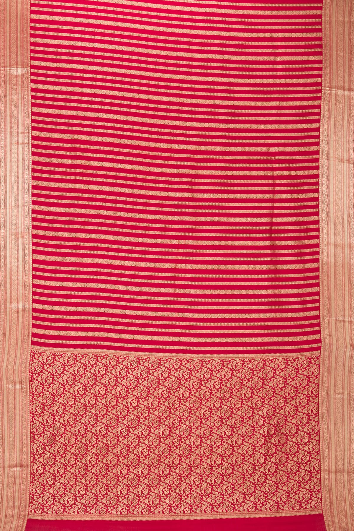 Flat view of Red Mysore Crepe Saree with Stripes on the body and Zari Border. 