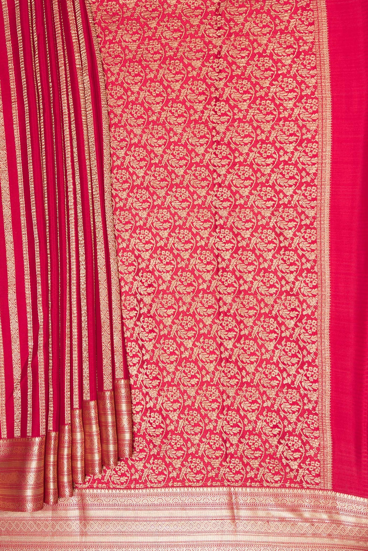 Pleats and pallu of Red Mysore Crepe Saree with Stripes on the body and Zari Border. 