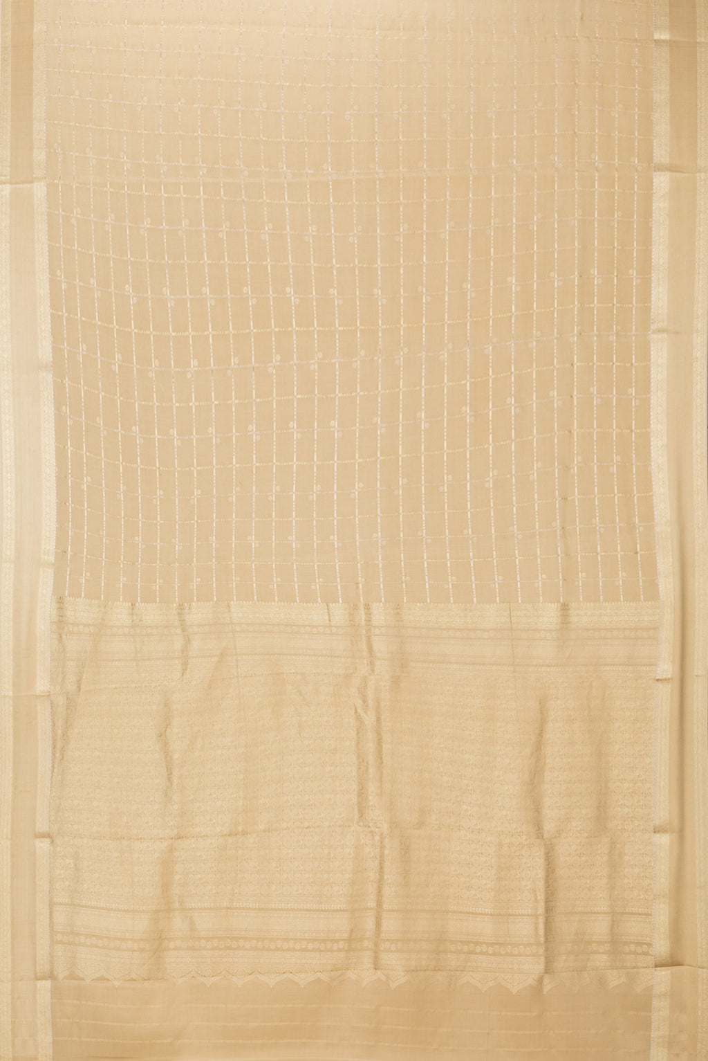 Flat view of Beige Dual Tone Banarasi Georgette Saree with Checked design on the body and Zari Border. 