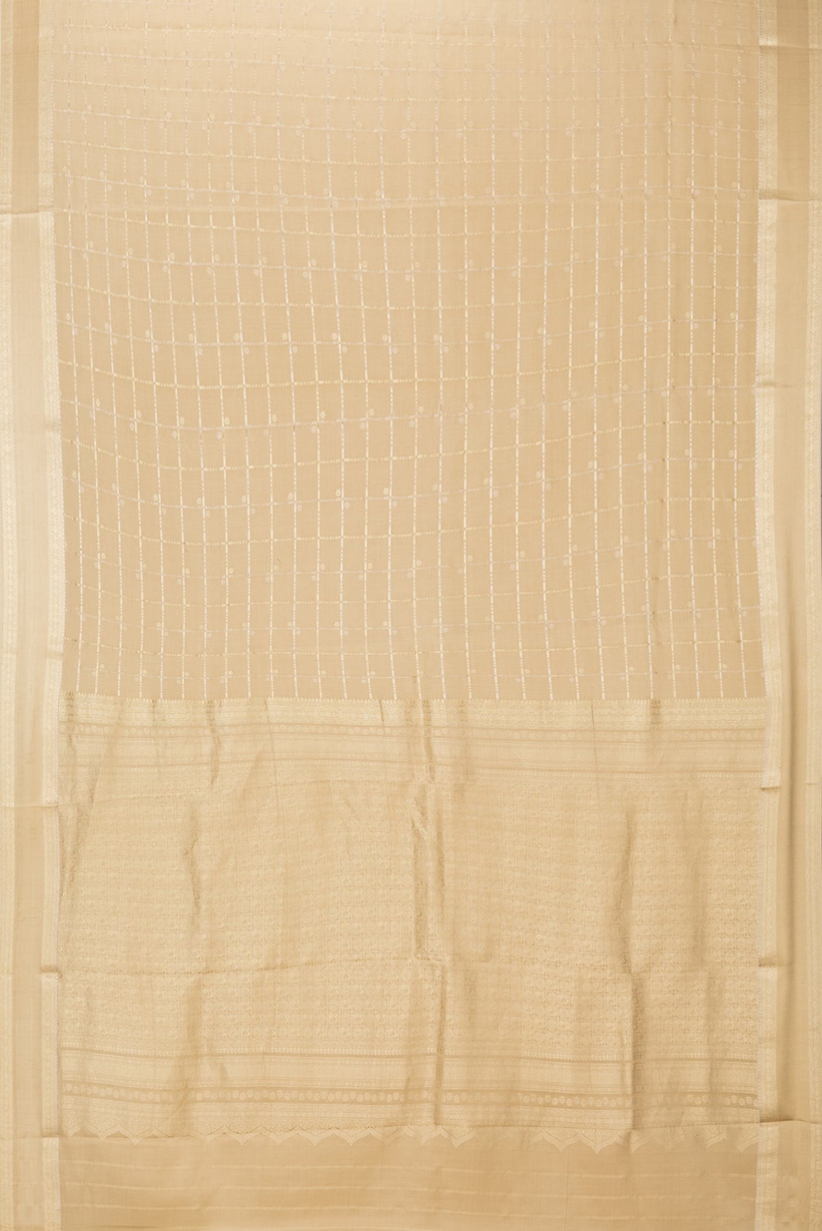 Flat view of Beige Dual Tone Banarasi Georgette Saree with Checked design on the body and Zari Border. 