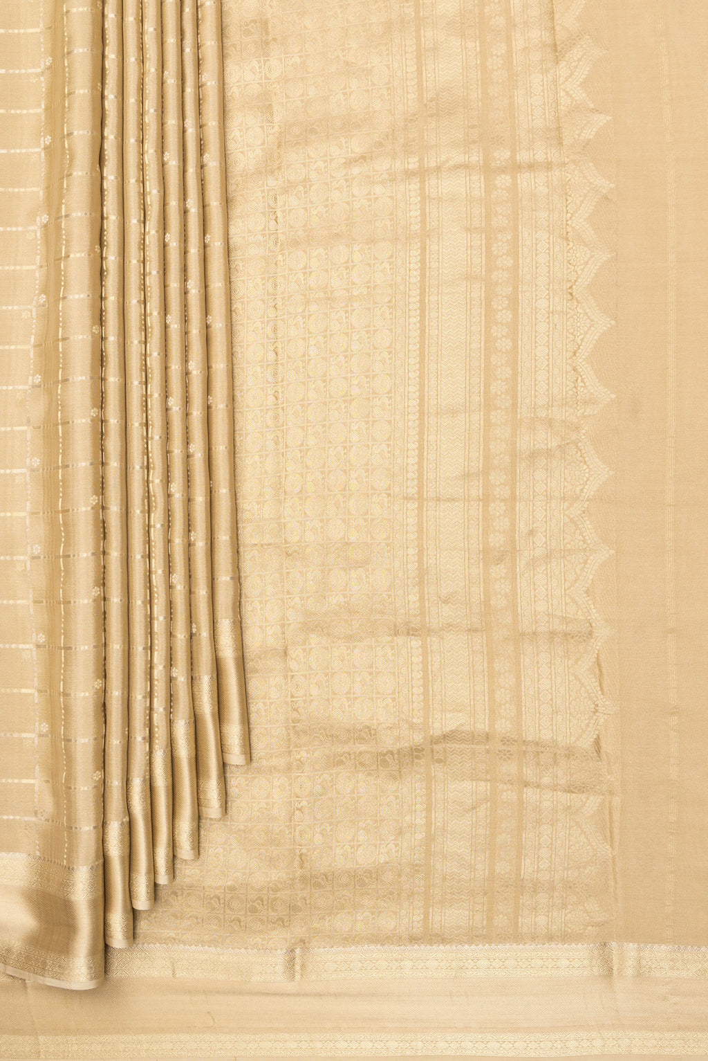 Pleats and pallu of Beige Dual Tone Banarasi Georgette Saree with Checked design on the body and Zari Border. 