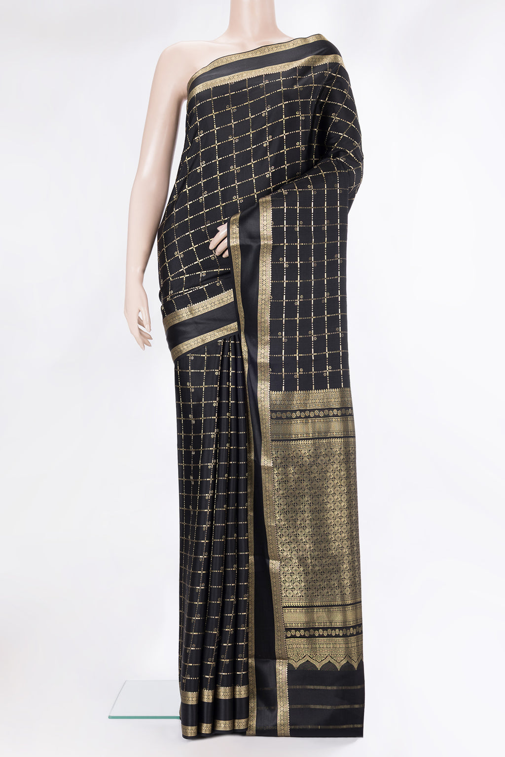Black Dual Tone Georgette Saree with Checked design on the body and Zari Border.  displayed on a mannequin