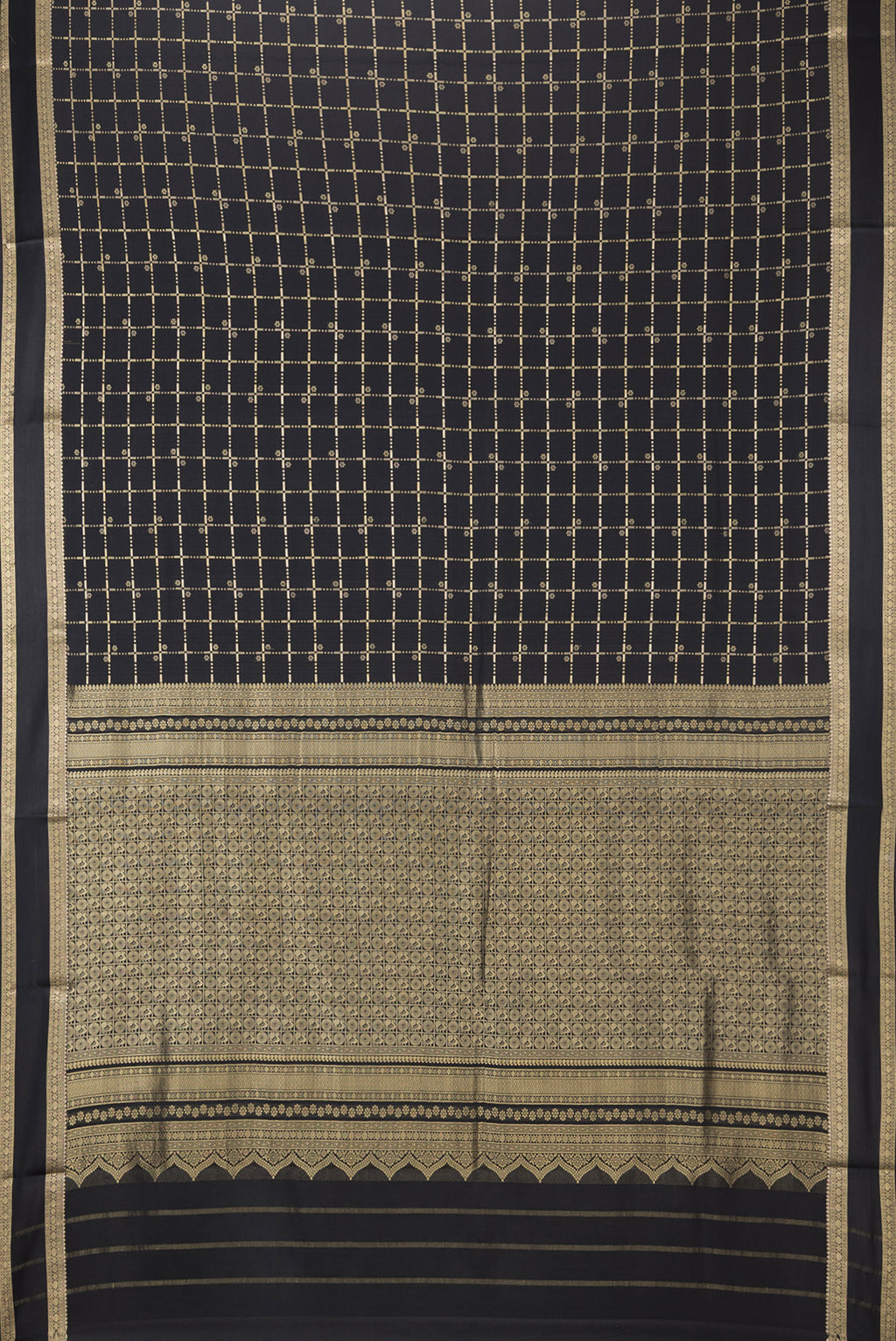 Flat view of Black Dual Tone Georgette Saree with Checked design on the body and Zari Border. 