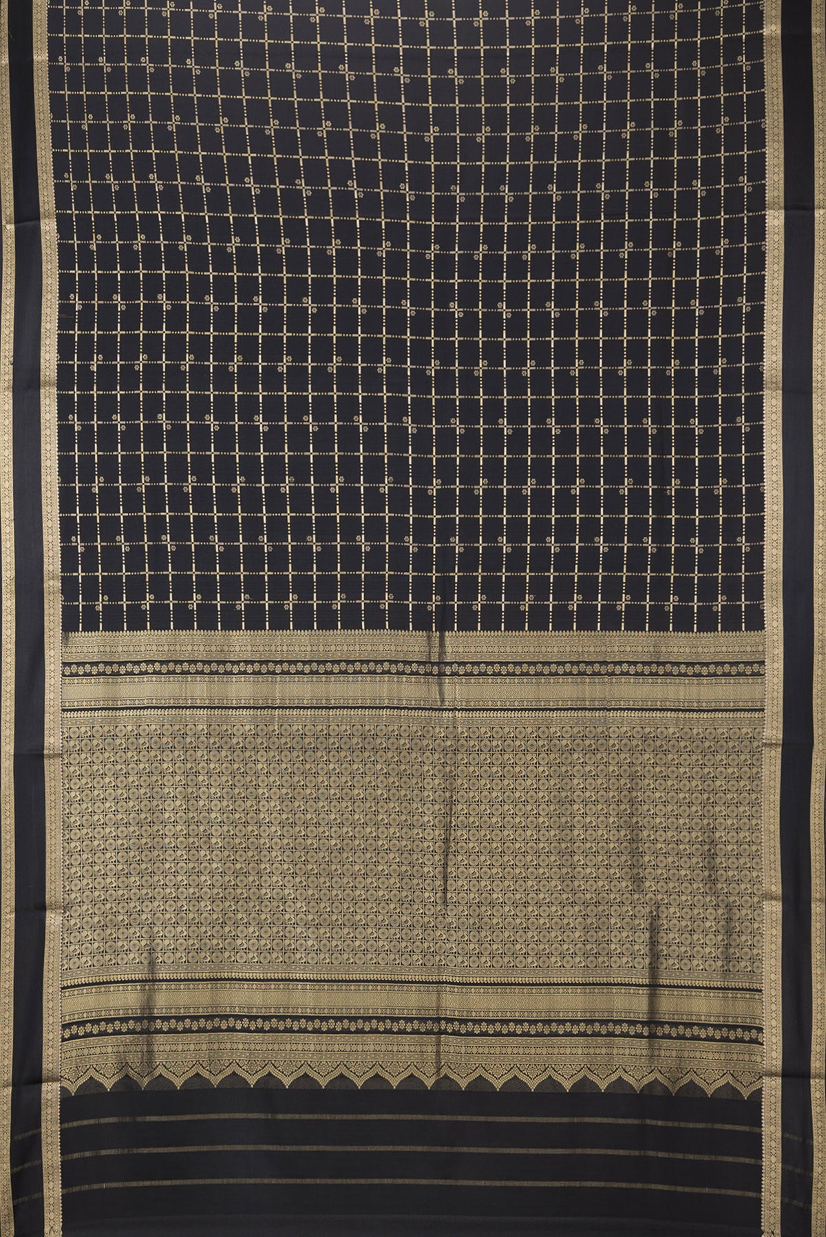 Flat view of Black Dual Tone Georgette Saree with Checked design on the body and Zari Border. 