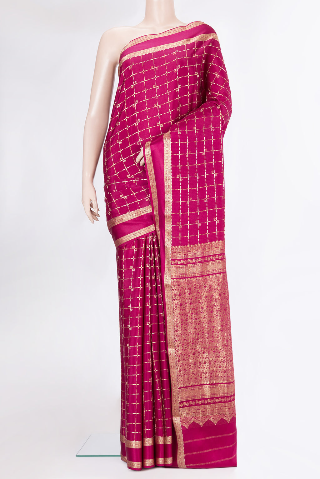 Magenta Dual Tone Banarasi Georgette Saree with Checked design on the body and Zari Border.  displayed on a mannequin