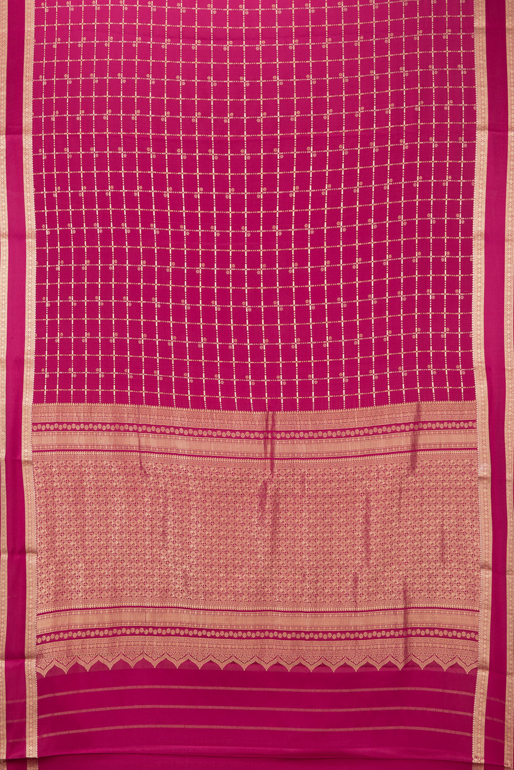 Flat view of Magenta Dual Tone Banarasi Georgette Saree with Checked design on the body and Zari Border. 