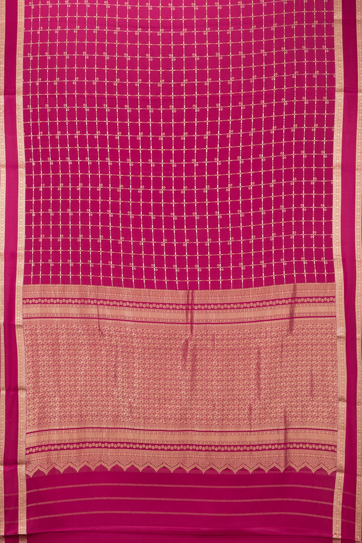 Flat view of Magenta Dual Tone Banarasi Georgette Saree with Checked design on the body and Zari Border. 