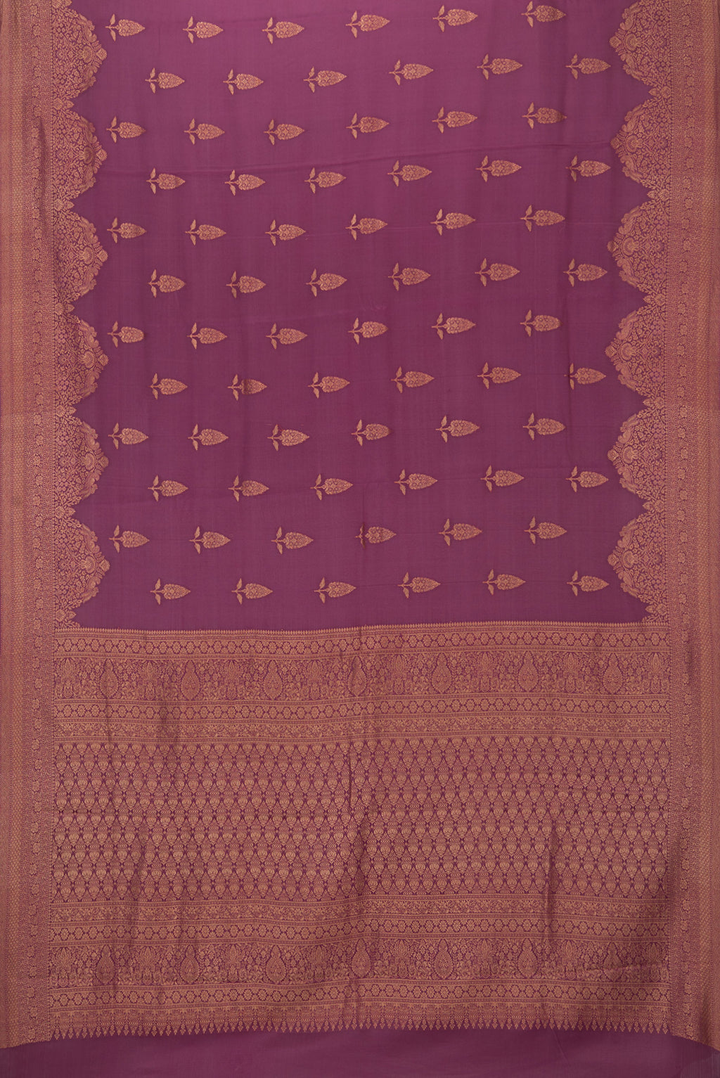 Flat view of Magenta Georgette Saree with Zari Brocade on the body and Zari Border. 