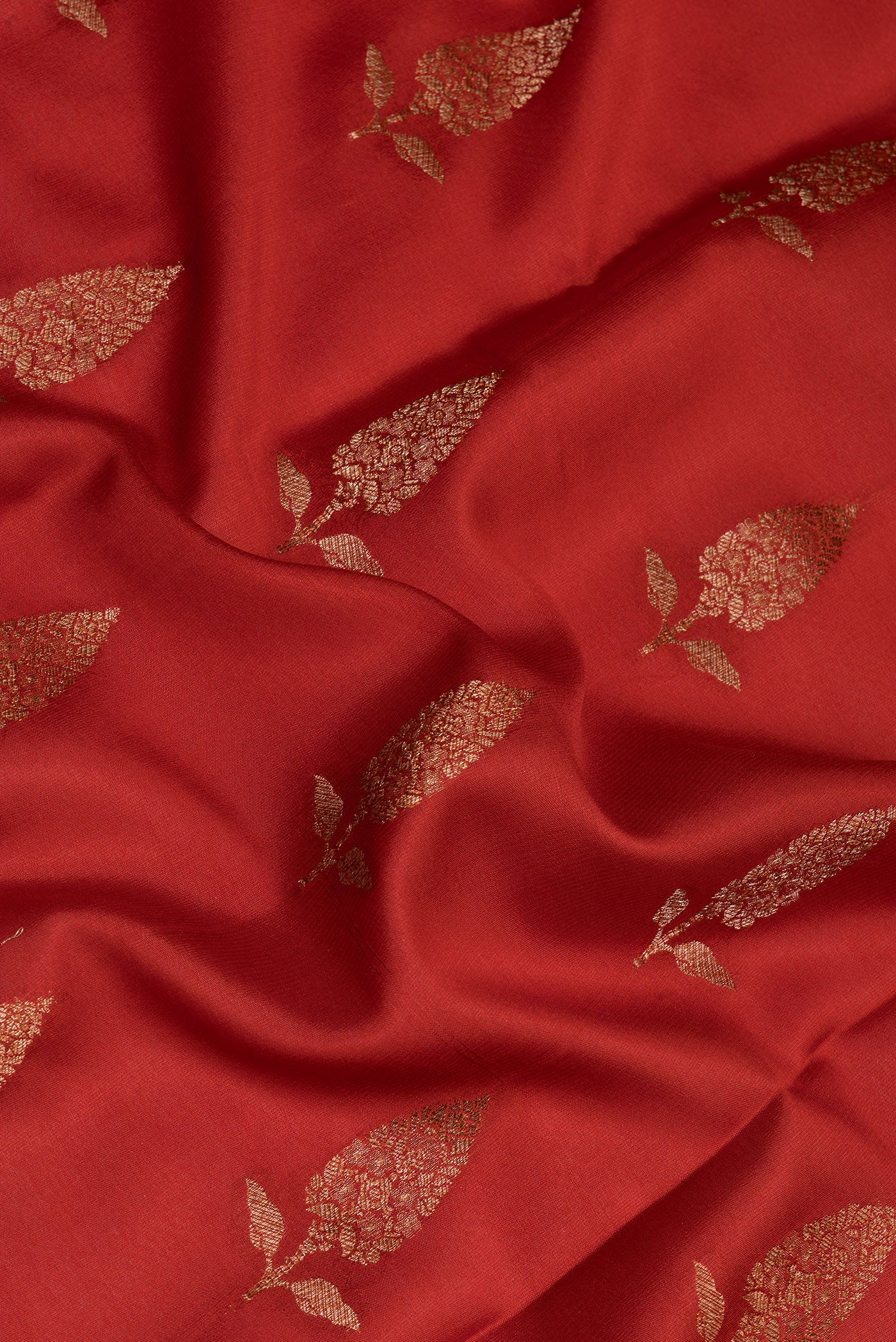 Close up of Rust Dual Tone Banarasi Georgette Saree with Zari Butta on the body and Fancy Border.  displaying folds
