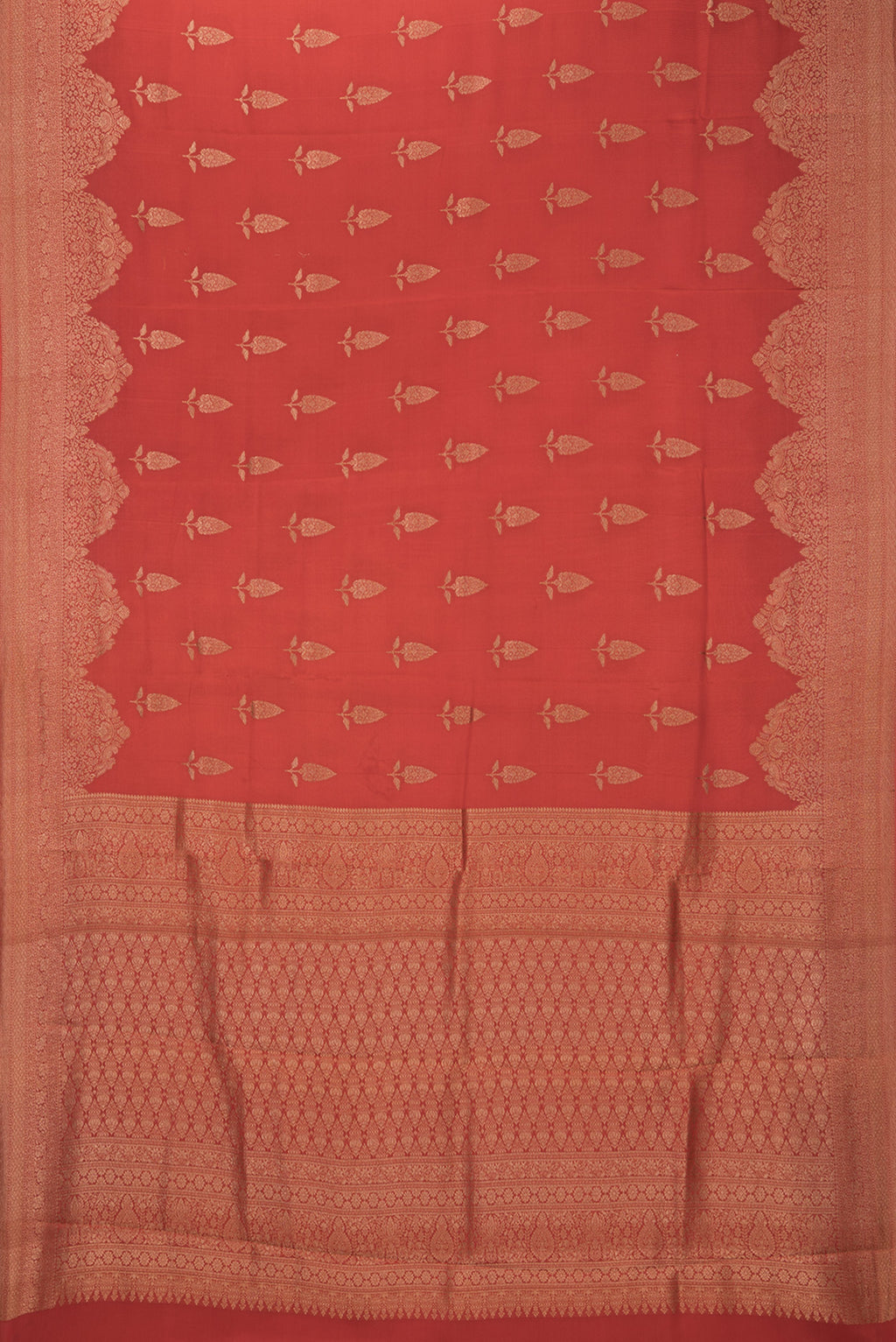 Flat view of Rust Dual Tone Banarasi Georgette Saree with Zari Butta on the body and Fancy Border. 