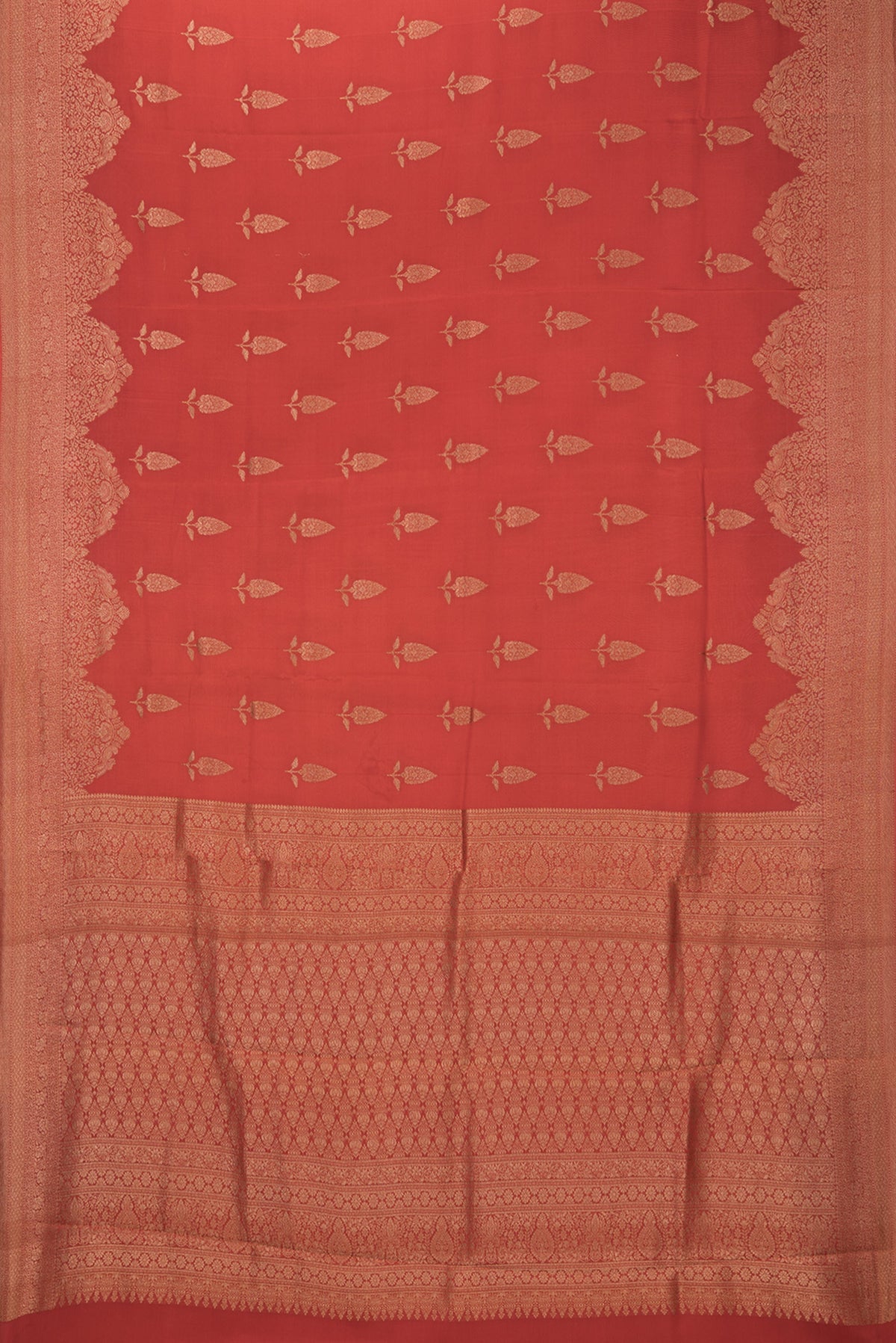 Flat view of Rust Dual Tone Banarasi Georgette Saree with Zari Butta on the body and Fancy Border. 