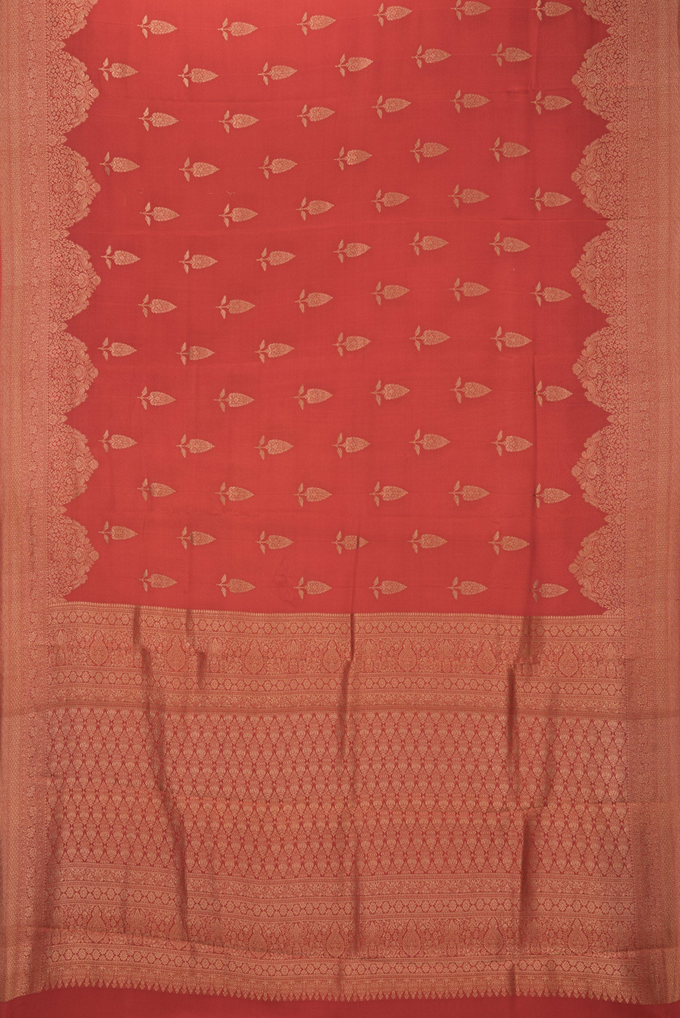 Flat view of Rust Dual Tone Banarasi Georgette Saree with Zari Butta on the body and Fancy Border. 