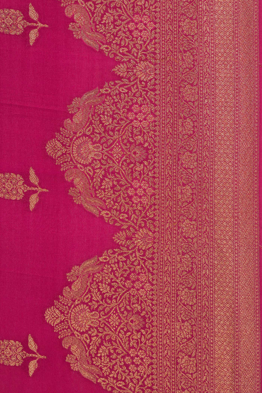 Border image of Pure Silk Dark Pink Dual Tone Banarasi Georgette Saree with Zari Butta on the body and Fancy Border. 