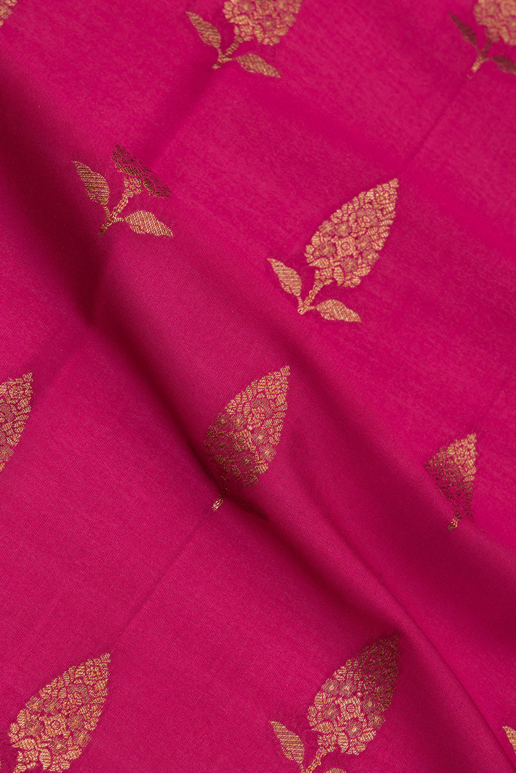 Close up of Pure Silk Dark Pink Dual Tone Banarasi Georgette Saree with Zari Butta on the body and Fancy Border.  displaying folds