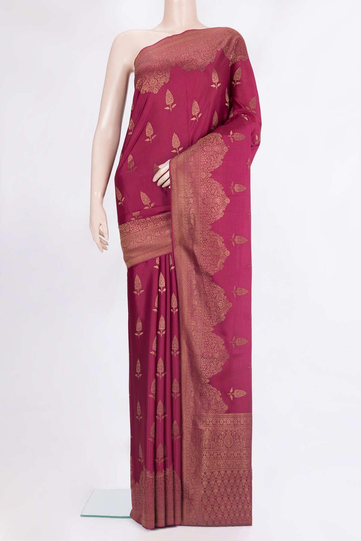 Pure Silk Dark Pink Dual Tone Banarasi Georgette Saree with Zari Butta on the body and Fancy Border.  displayed on a mannequin