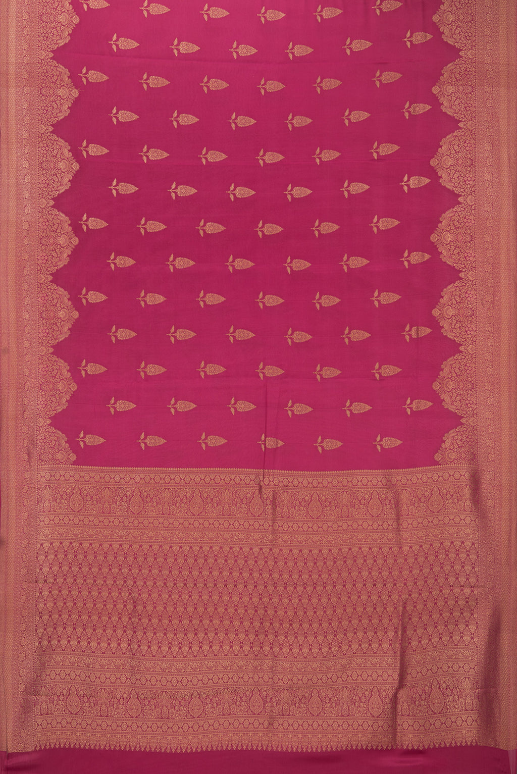 Flat view of Pure Silk Dark Pink Dual Tone Banarasi Georgette Saree with Zari Butta on the body and Fancy Border. 