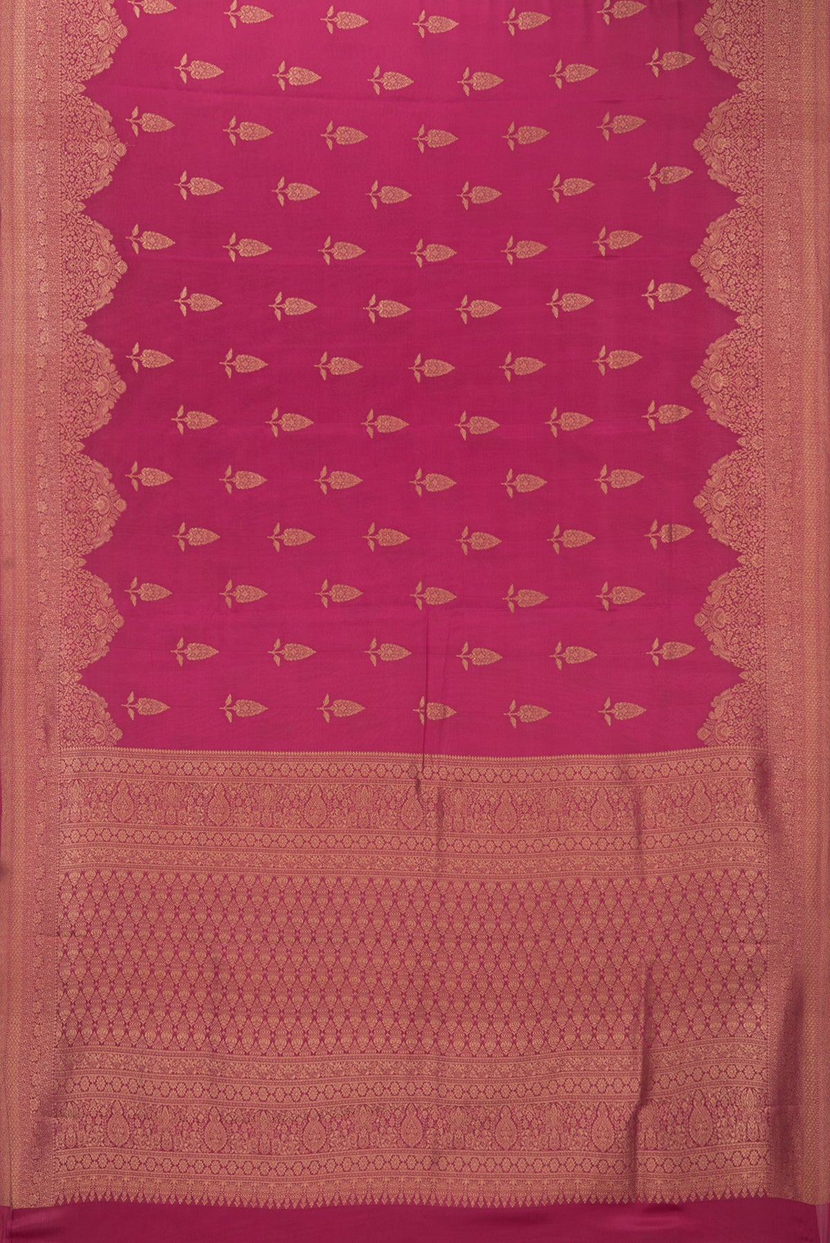 Flat view of Pure Silk Dark Pink Dual Tone Banarasi Georgette Saree with Zari Butta on the body and Fancy Border. 