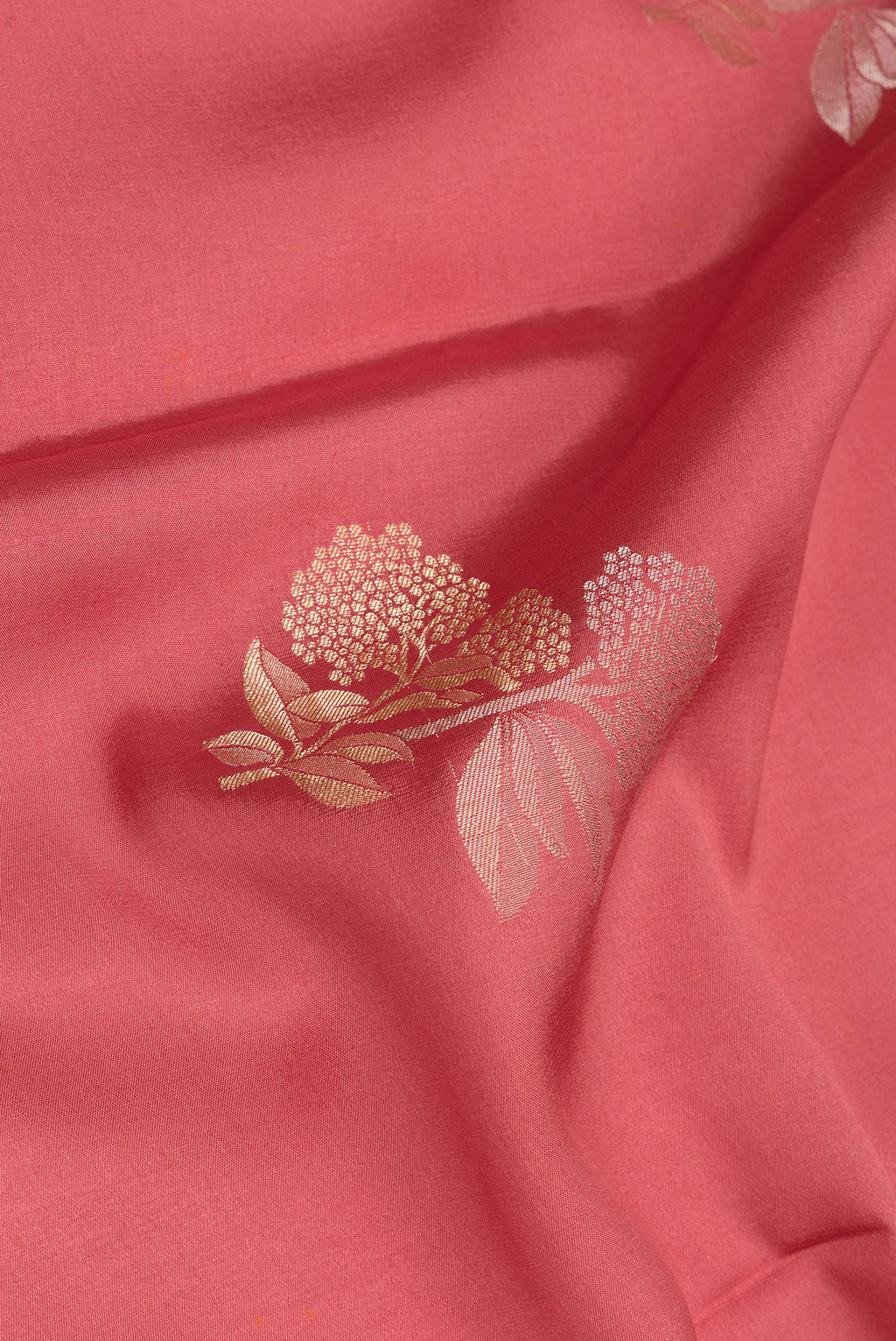 Close up of Pink Georgette Saree with Zari Brocade on the body and Zari Border.  displaying folds