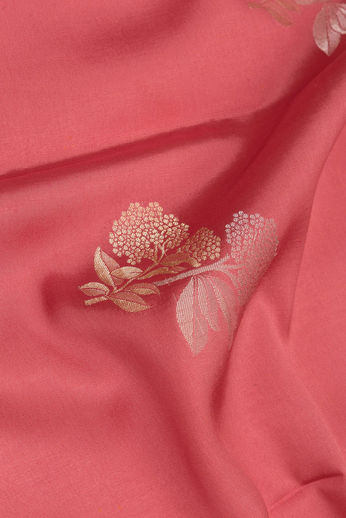 Close up of Pink Georgette Saree with Zari Brocade on the body and Zari Border.  displaying folds