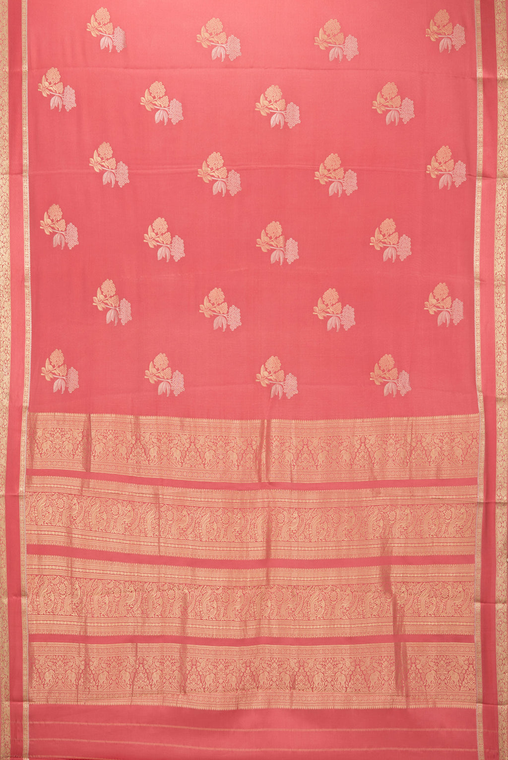 Flat view of Pink Georgette Saree with Zari Brocade on the body and Zari Border. 