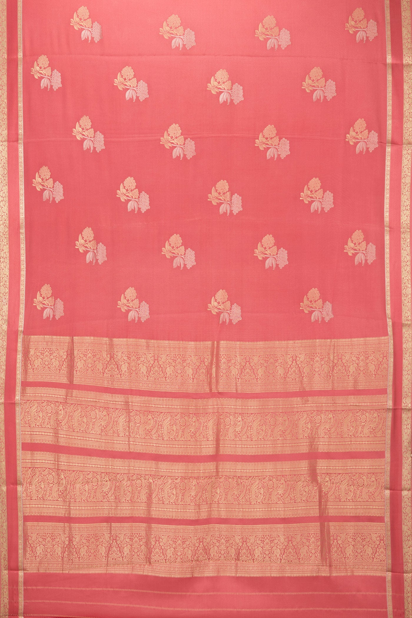 Flat view of Pink Georgette Saree with Zari Brocade on the body and Zari Border. 