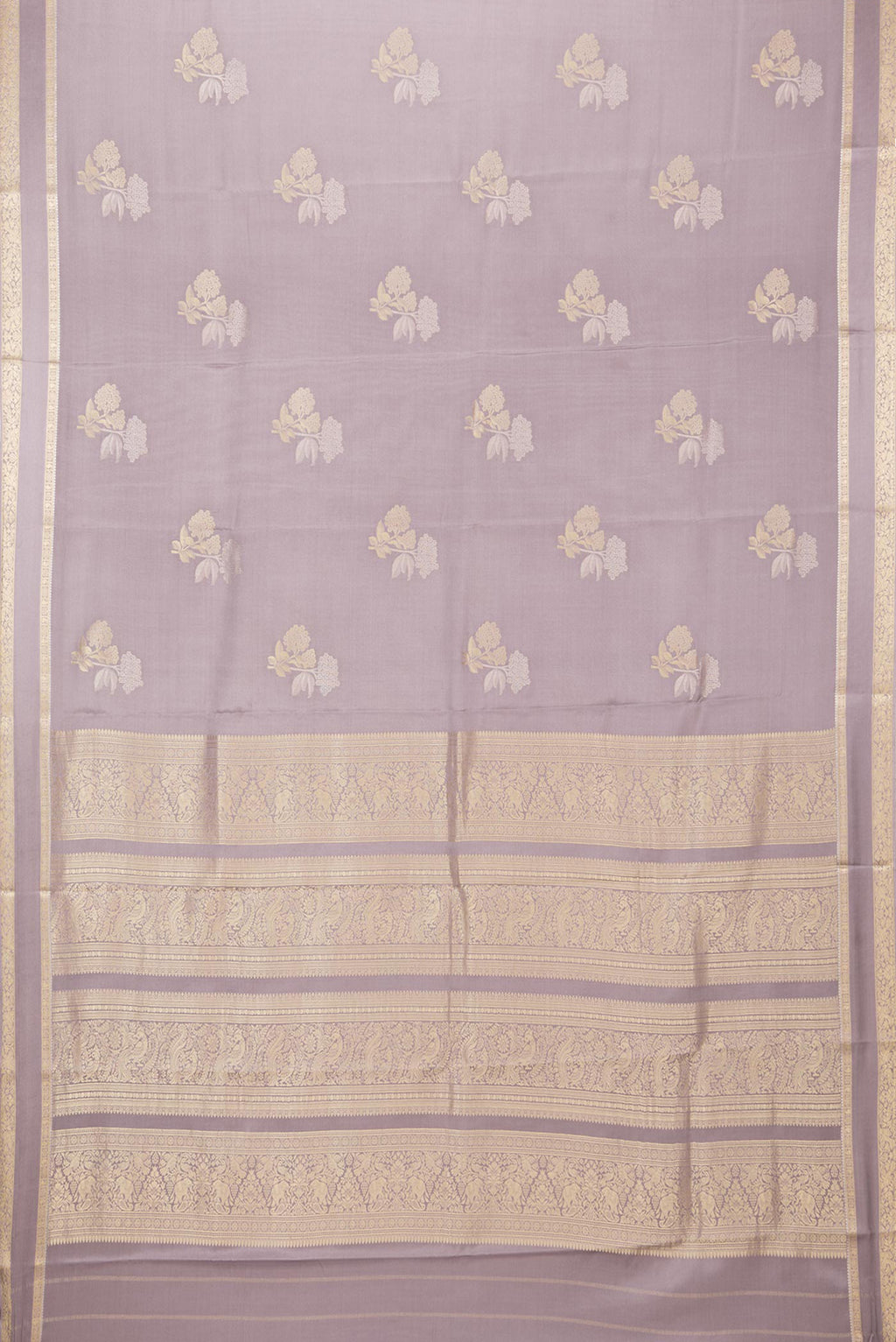 Flat view of Pure Silk Mauve Dual Tone Banarasi Georgette Saree with Zari Butta on the body and Zari Border. 