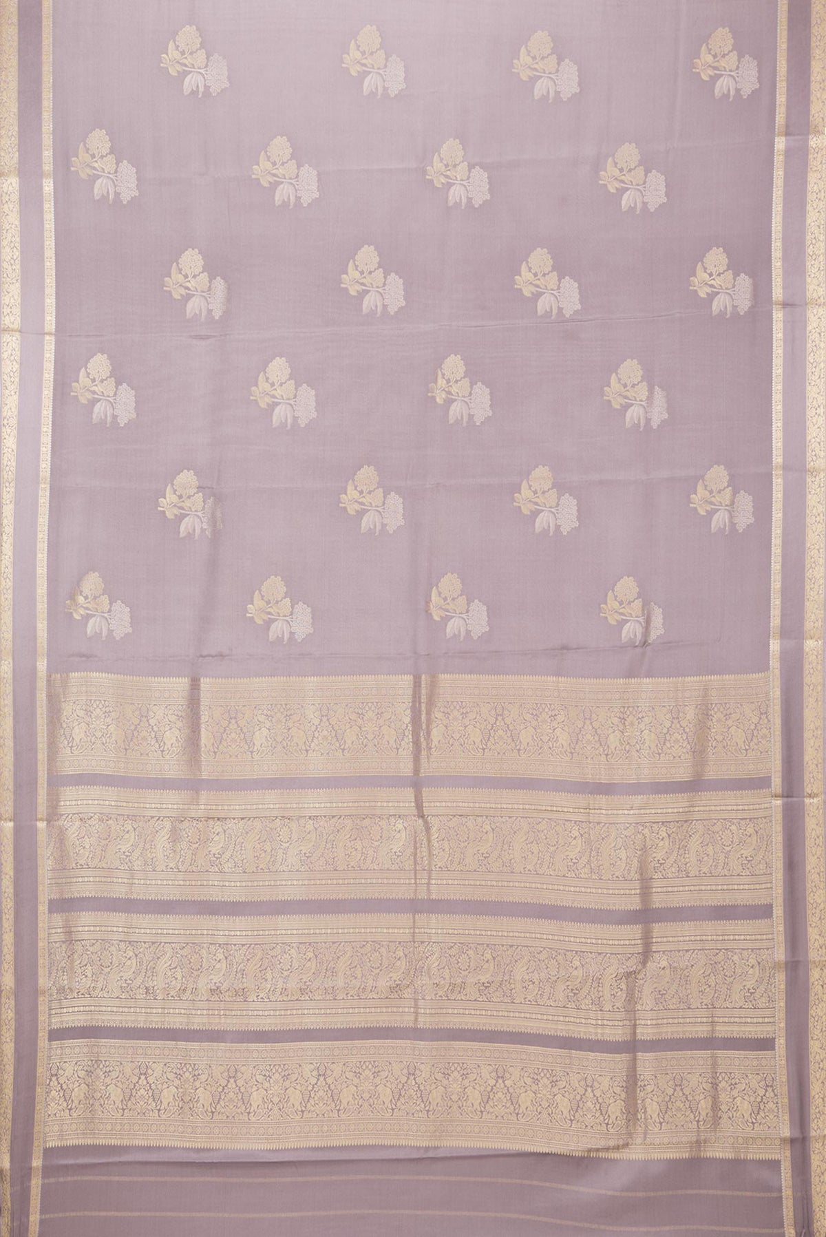 Flat view of Pure Silk Mauve Dual Tone Banarasi Georgette Saree with Zari Butta on the body and Zari Border. 