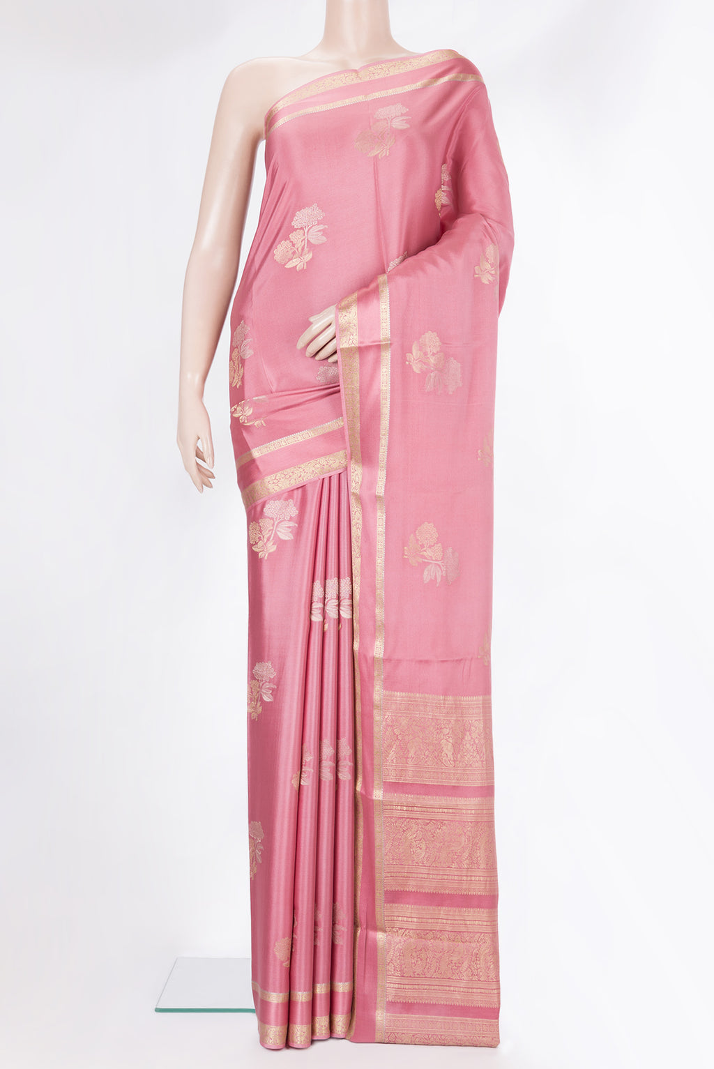 Pink Dual Tone Banarasi Georgette Saree with Zari Butta on the body and Zari And Thread Border.  displayed on a mannequin
