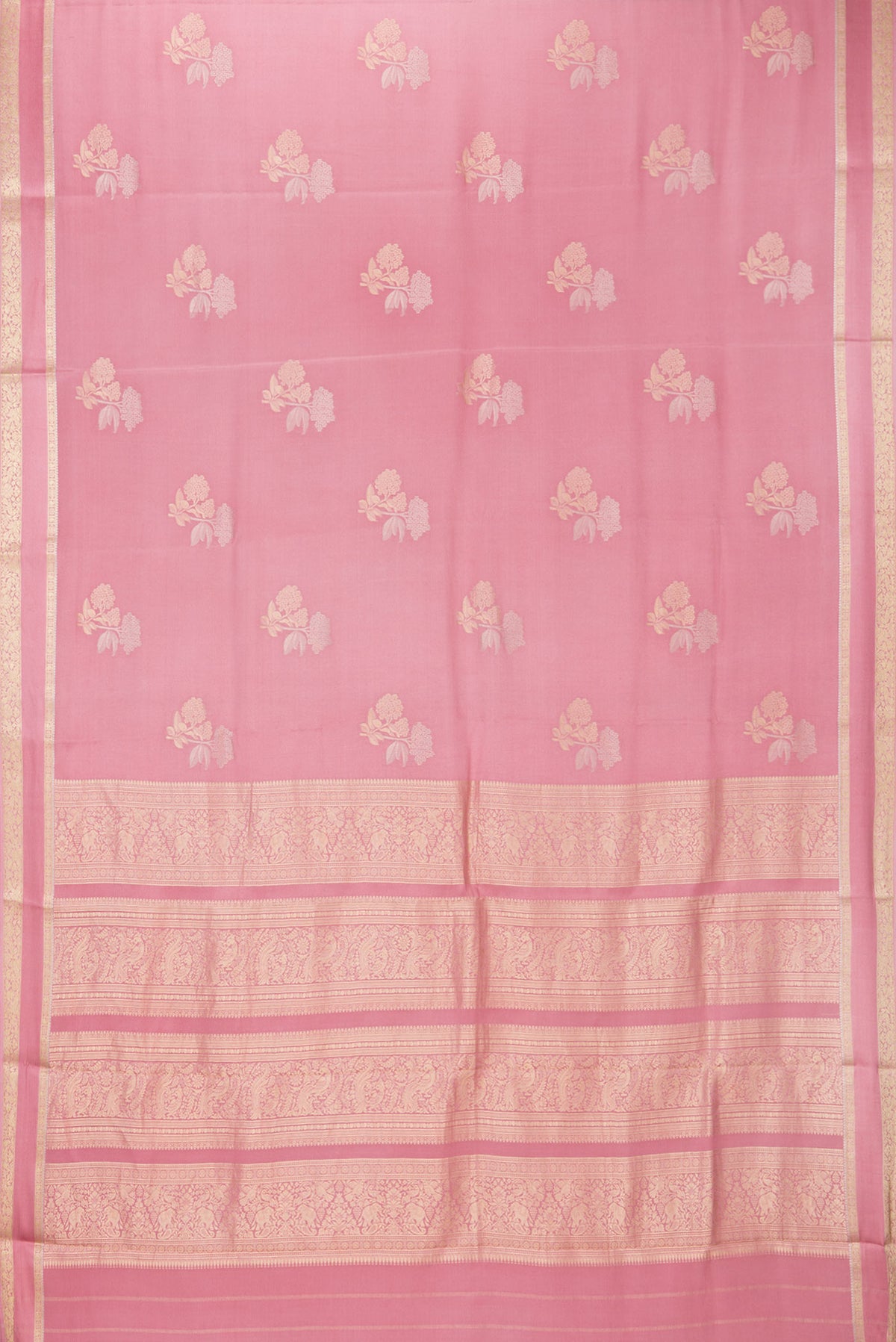 Flat view of Pink Dual Tone Banarasi Georgette Saree with Zari Butta on the body and Zari And Thread Border. 
