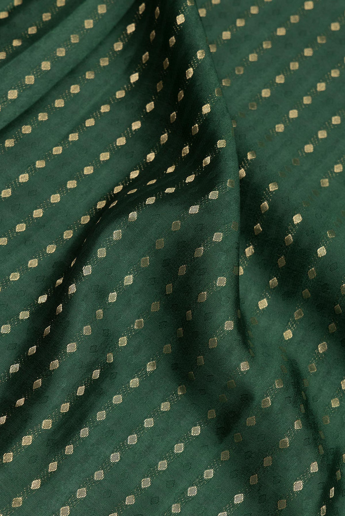 Close up of Pure Silk Bottle Green Dual Tone Banarasi Georgette Saree with Zari Butta on the body and Without Border.  displaying folds