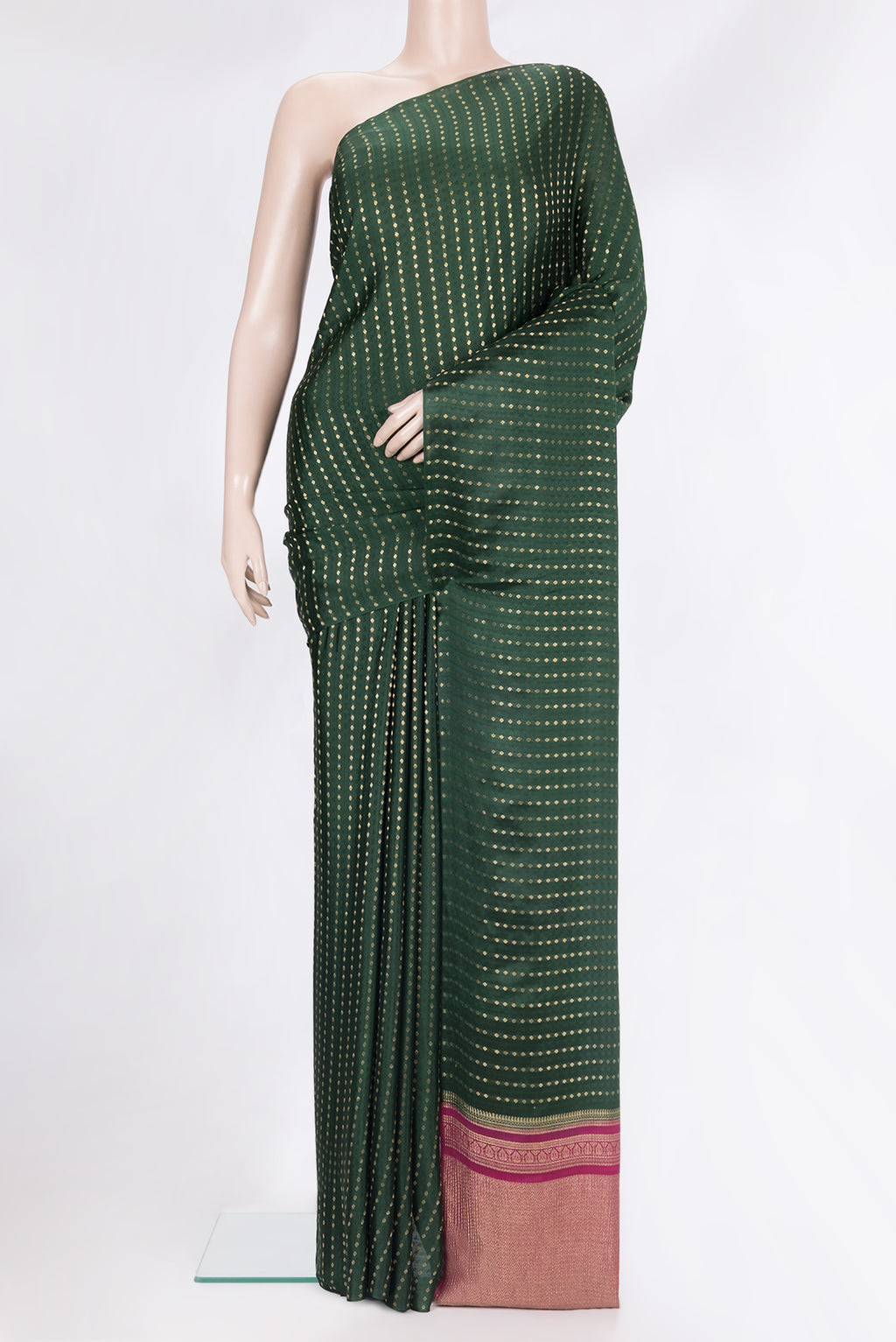 Pure Silk Bottle Green Dual Tone Banarasi Georgette Saree with Zari Butta on the body and Without Border.  displayed on a mannequin